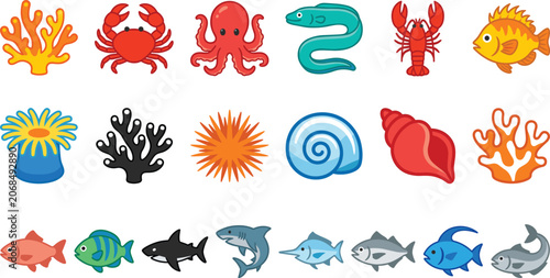 Photography Sea life icons set, vector illustration of cartoon ocean animals, fish, coral re