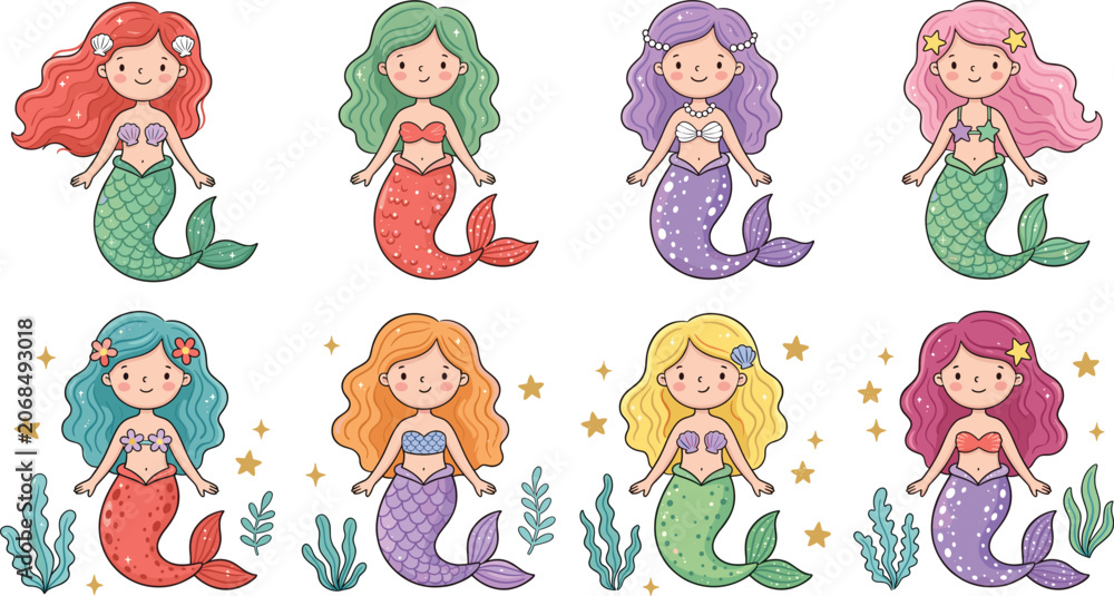 Obraz premium Cute cartoon mermaids set, vector illustration of beautiful magical sea girls with colorful hair
