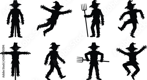 Canvastavla Spooky halloween scarecrow black silhouettes set, vector illustration of cartoon