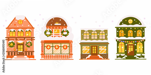 Obraz na płótnie Four stylized building facades with christmas wreaths vector illustration