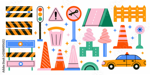 Foto Parking Signs And Traffic Cones Colorful Vector Illustration