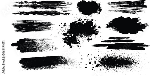 Collection of black ink brush strokes and splatters on white background . Vector grunge brush stokes. Hand drawn spray paint and ink splashes. Grunge artistic black paint stokes