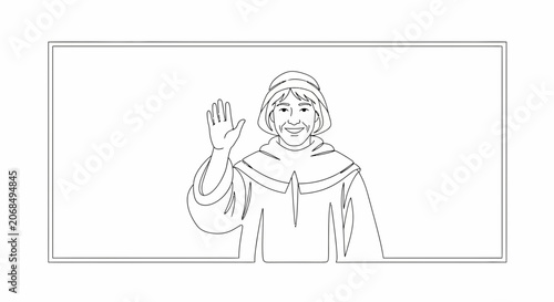 Friendly Person Waving Hello, Greeting Gesture, Simple Line Art Illustration