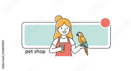Friendly Pet Shop Owner Holding Coffee Cup and Parrot, Welcoming Customers