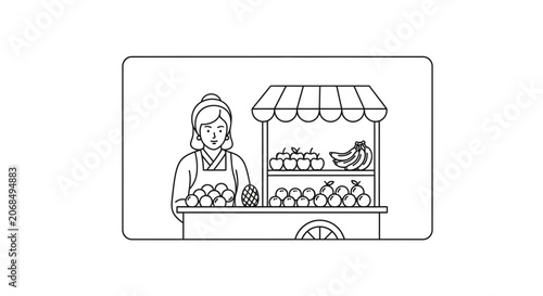 Fruit Seller Woman with Cart Full of Fresh Fruits, Healthy Food Stall