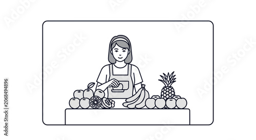 Fruit vendor with fresh produce at market stall, healthy food, organic groceries, shopping, smiling woman