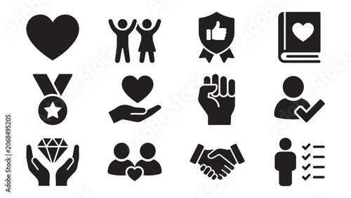 Konstfotografi Values and Integrity Icon Set with Heart Medal Fist Shield Handshake Diamond Cou