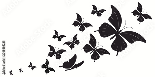 Fotografía Black silhouette butterflies flying together in a swarm isolated on white backgr