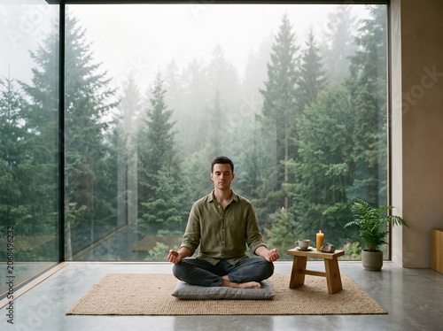 Serene Mindfulness Meditation by Large Window Facing Peaceful Forest Landscape