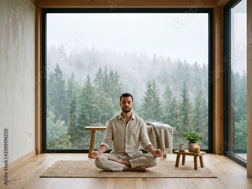Serene Mindfulness Meditation by Large Window Facing Peaceful Forest Landscape