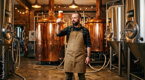 Artisan Micro Brewery Master Checking Beer Clarity in Copper Vat Facility 