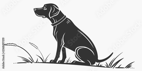 Canvas Print Minimalist graphic illustration of a sitting dog in a grassy field with silhouet