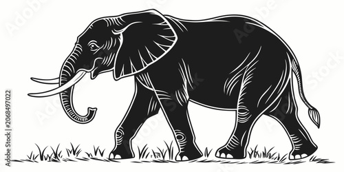 Obraz na płótnie Silhouette illustration of a walking elephant in grass with elephant wildlife si