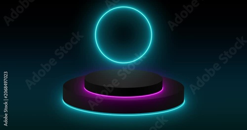 4K Luxury Neon Cylinder Podium with Copy Space Backdrop. Abstract Minimal Display Background for product showcase, presentation, and promotion. Empty display podium. Easy to use.