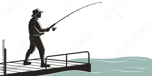 Tableau sur toile Silhouette illustration of a fisherman standing on a pier holding a fishing rod