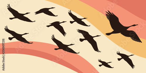 Fotografía Silhouette flock of birds flying in migration against abstract wavy background w