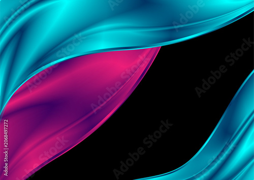 Modern abstract vector background with vibrant cyan and magenta fluid satin waves on black. Elegant dynamic layout template with smooth flowy gradient curves for design