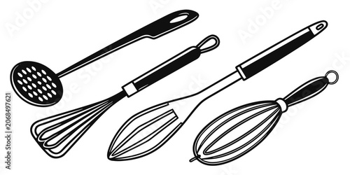 Photos Kitchen utensils set for professional cooking and baking with culinary cookware
