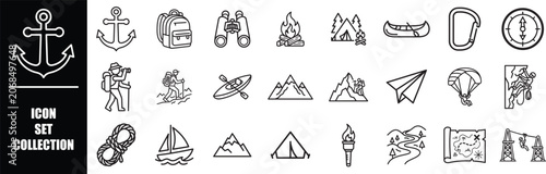 Adventure Icon Set with Travel, Camping, Map, Exploration, Nature and Journey Symbols for Websites and Apps