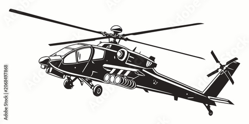 Black and white vector graphic of an attack helicopter in flight side view with helicopter military aircraft aviation illustration isolated transport technical silhouette monochrome tactical