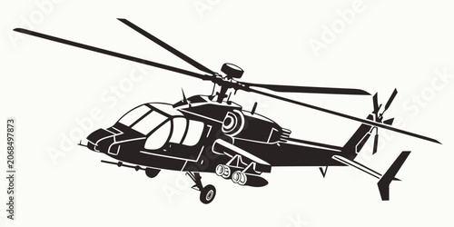 Detailed black and white vector sketch of an attack helicopter flying with helicopter military aircraft aviation illustration isolated transport technical silhouette monochrome propeller