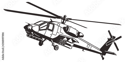 Stylized black and white vector art of an attack helicopter side view with helicopter military aircraft aviation illustration isolated transport technical silhouette monochrome propeller