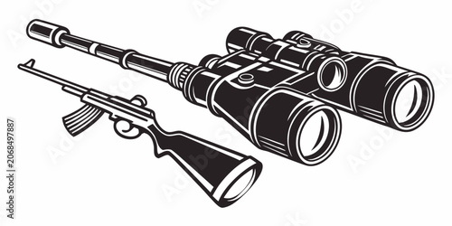 Tactical field gear binoculars and rifle concept art with binoculars military tactical surveillance scouting observation security equipment outdoors protection illustration monochrome