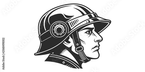 Close up portrait of a soldier wearing a protective combat helmet with military portrait protective tactical security strength illustration contrast training discipline vigilance strategy
