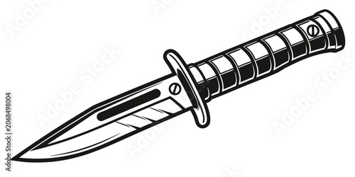 Monochrome tactical knife graphic illustration with visible screws self defense tactical military survival illustration equipment isolated protection adventure bushcraft training weaponry