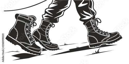 Close up of feet in tactical military boots marching on ground with military tactical marching footwear training exercise infantry security silhouette illustration movement outdoors
