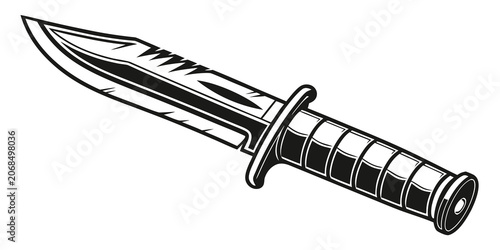 Serrated combat knife vector illustration in black and white with self defense serrated tactical military survival illustration equipment isolated protection adventure bushcraft training