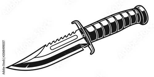 Detailed survival combat knife illustration in black and white style with self defense survival tactical military illustration equipment isolated serrated protection adventure bushcraft