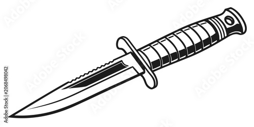 Tactical combat knife illustration in professional black and white graphic style with self defense tactical military survival illustration equipment isolated protection adventure bushcraft
