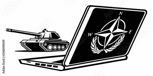 Military battle tank and laptop computer concept illustration with military computer navigation technology strategy security internet communication geography tactical illustration isolated