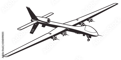 Military surveillance drone aircraft line art illustration with aircraft surveillance military aviation airplane technology reconnaissance security illustration monochrome isolated tactical