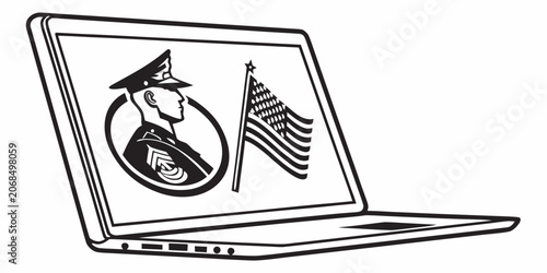 Us military service laptop graphic illustration with military computer illustration patriotism national american technology connection communication business minimalist monochrome internet