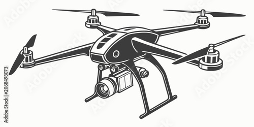 Technical illustration of a professional camera drone with quadcopter technology photography innovation electronic illustration monochrome isolated propeller multirotor professional