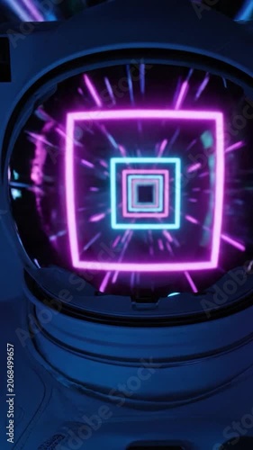 Astronaut helmet reflecting a neon portal in deep space