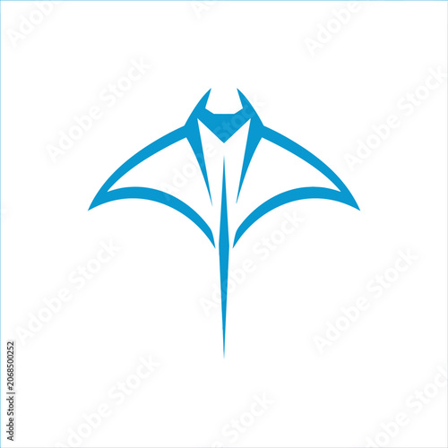 Blue minimalist manta ray logo icon on white background.