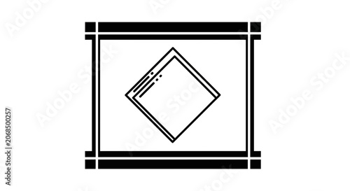 Abstract geometric square frame with tilted diamond shape inside, minimalist line art icon