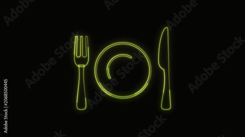  Fork and Knife with Plate Icon Neon Seamless Loop 4K with Black Background Animated Promotional Typography for Video Editing