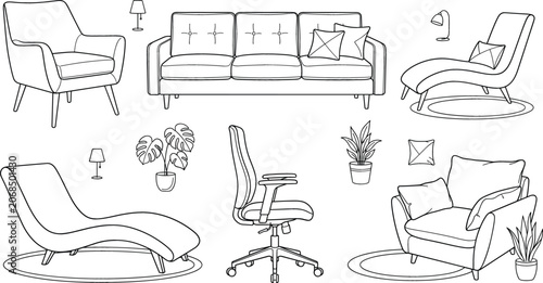 Foto Furniture line icon set with sofa couch armchair office chair chaise lounge plan