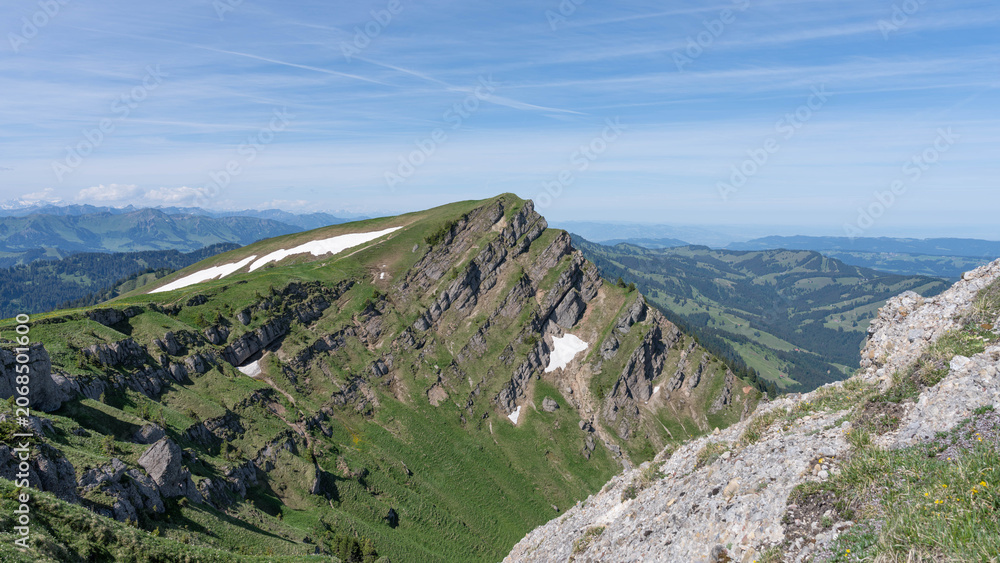 Fototapeta premium Hiking between Hochgrat Ridge and Rindalphorn - Scenic Alpine Landscape in Nagelfluhkette Bavaria