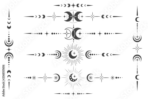 Celestial moon frames with stars and mystical borders for tarot cards, spiritual designs and esoteric decorative elements in elegant boho style. Vector fantasy dividers with sun and stars
