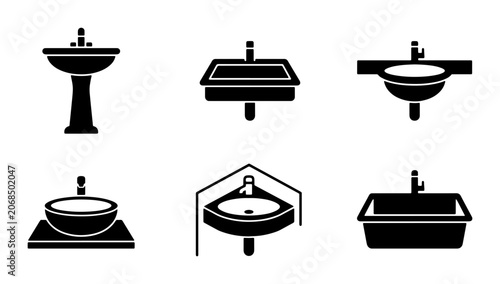 Bild auf Leinwand Bathroom Sink Icons Set, Plumbing Fixture Vector Graphics, Ceramic Washbasin Col