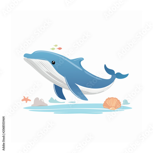 Cartoon Blue Whale Jumping in Ocean Scene