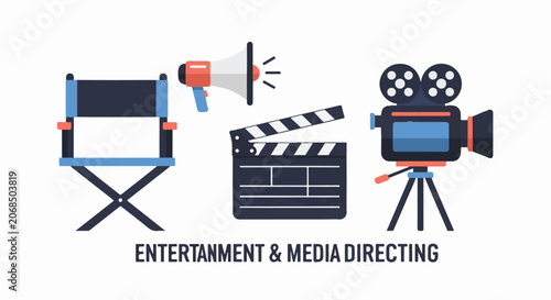 Entertainment media directing icons with director chair, megaphone, clapperboard, and film camera