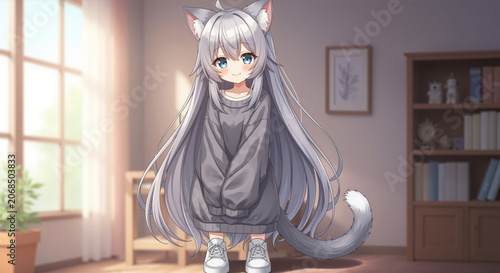 Anime girl with long silver hair and cat ears in cozy indoor setting with bookshelf and window