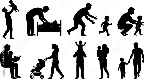 Set of silhouettes of parents with their children vector illustration