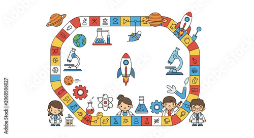 Science themed board game layout with laboratory icons